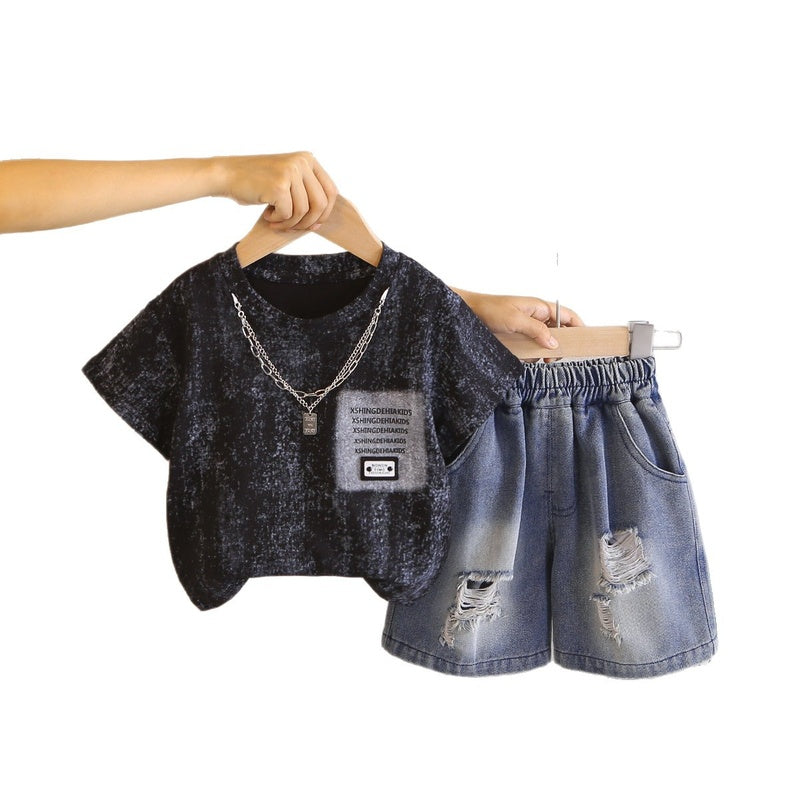 Boys' Outfit 2026 New Style Baby Pocket Necklace Korean Fashionable Children's Clothing Versatile Trendy Summer Two-Piece Set