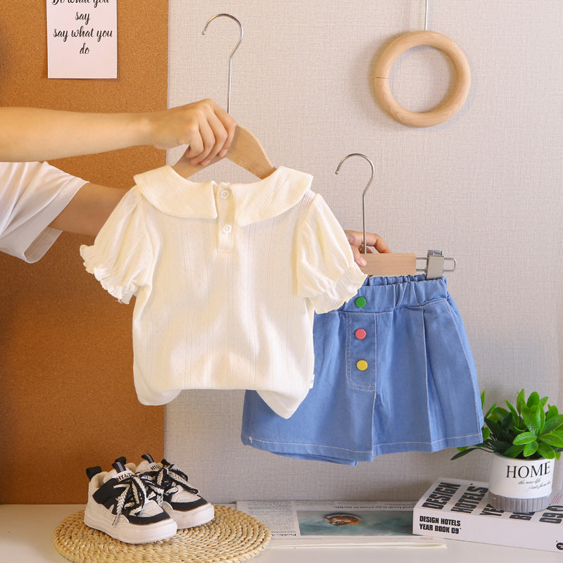 Girls' Summer Outfit 2026 New Fashionable Baby Collar Cherry Short Sleeve Shorts Two-Piece Set Children's Trendy Clothing