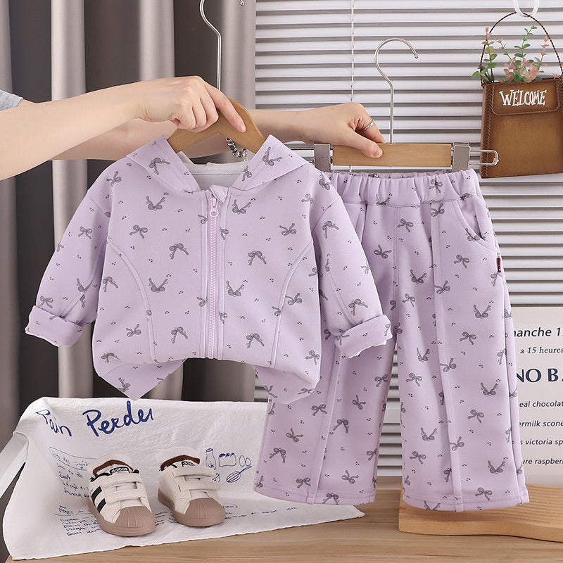 Girls' Outfit 2026 New Fashionable Bowknot Hooded Zipper Jacket Two-Piece Set for Toddlers in Autumn