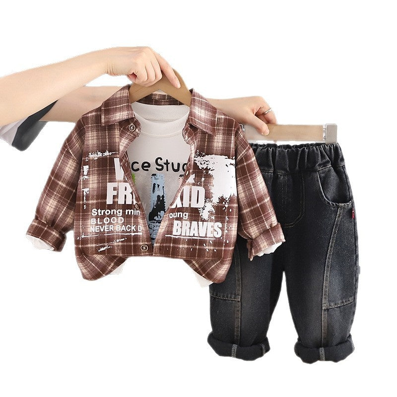 Baby Autumn Outfit 2026 New Style Boys' Spring-Autumn Plaid Shirt Three-Piece Set for 1-3 Years Old, Stylish and Trendy Children's Fashion