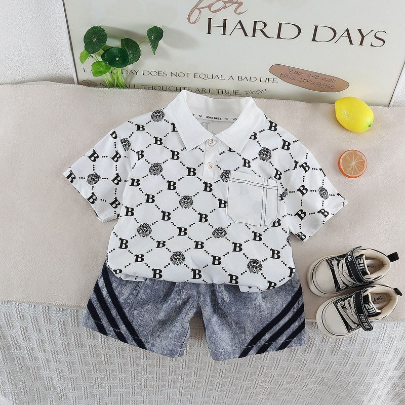 Boys' Outfit 2026 New Summer Fashionable Letter Polo Shirt Short Sleeve Shorts Two-Piece Set for Baby Boys