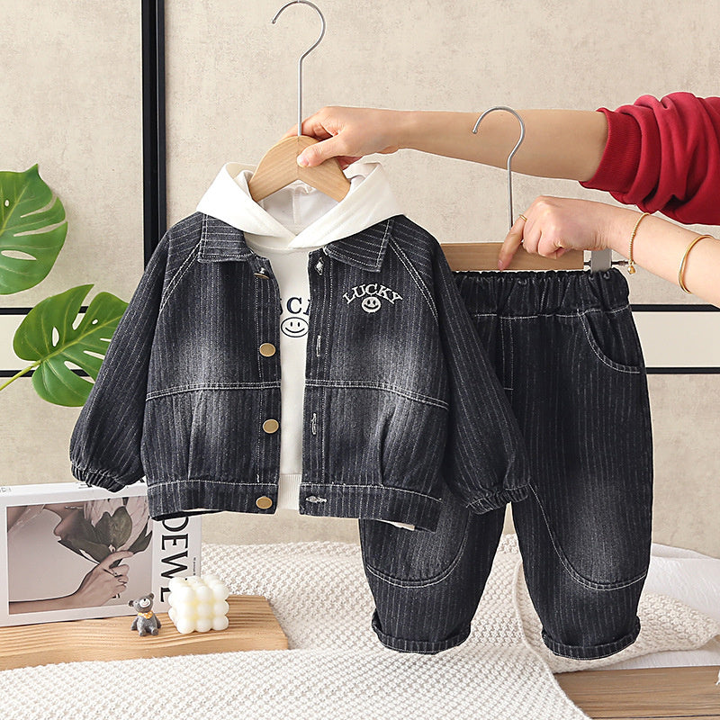 Boys' Outfit 2026 New Baby Clothes Infant Children's Spring and Autumn Smiley Face Hoodie Denim Three-Piece Set