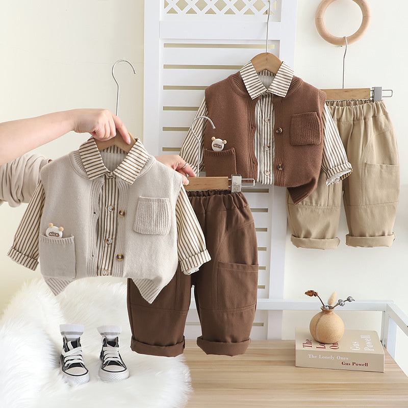 Boys' Suit and Autumn 2025 New Children's Spring Pocket Bear Sweater Vest Three-Piece Set Baby Clothing
