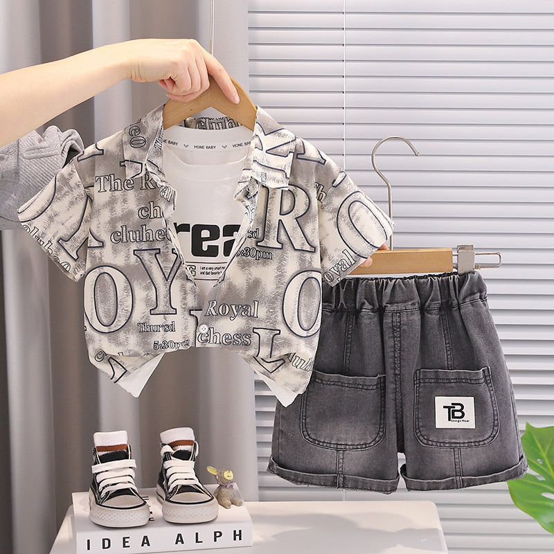 Boys' outfit 2026 new stylish baby with large English print short-sleeve shirt, infant summer three-piece trendy set