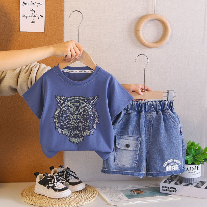 2026 Foreign Trade Summer Round Neck Rhinestone Children's Printed Thin T-shirt and Denim Two-piece Set Wholesale 3