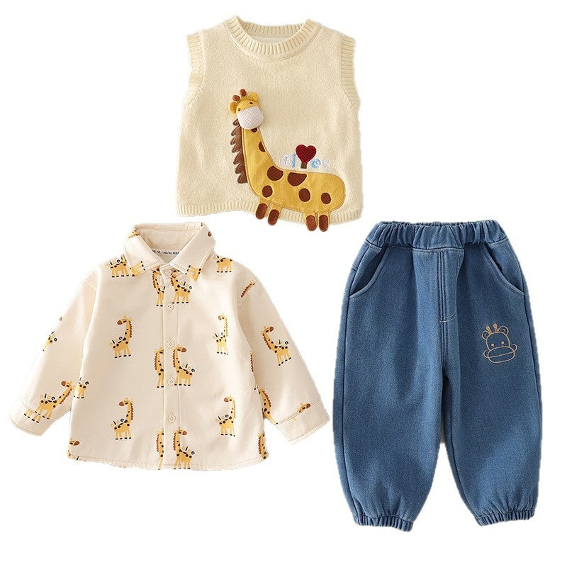 Baby Boy Thickened Giraffe Vest Three-Piece Set 2025 New Infant Children Autumn Winter Warm Clothing