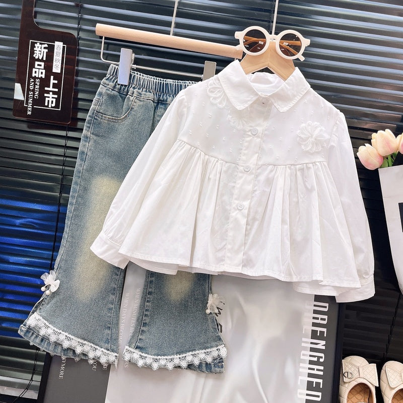 Girls' 2025 Spring Autumn New Cute Mesh Embroidered Patchwork Shirt and Denim Pants Two-Piece Set Trendy