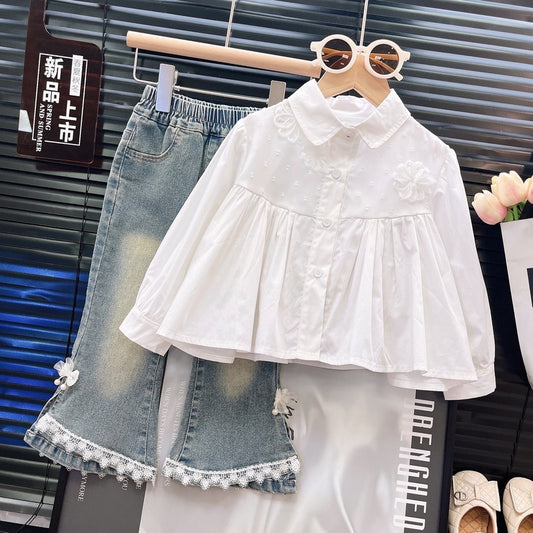 Girls' 2025 Spring Autumn New Cute Mesh Embroidered Patchwork Shirt and Denim Pants Two-Piece Set Trendy