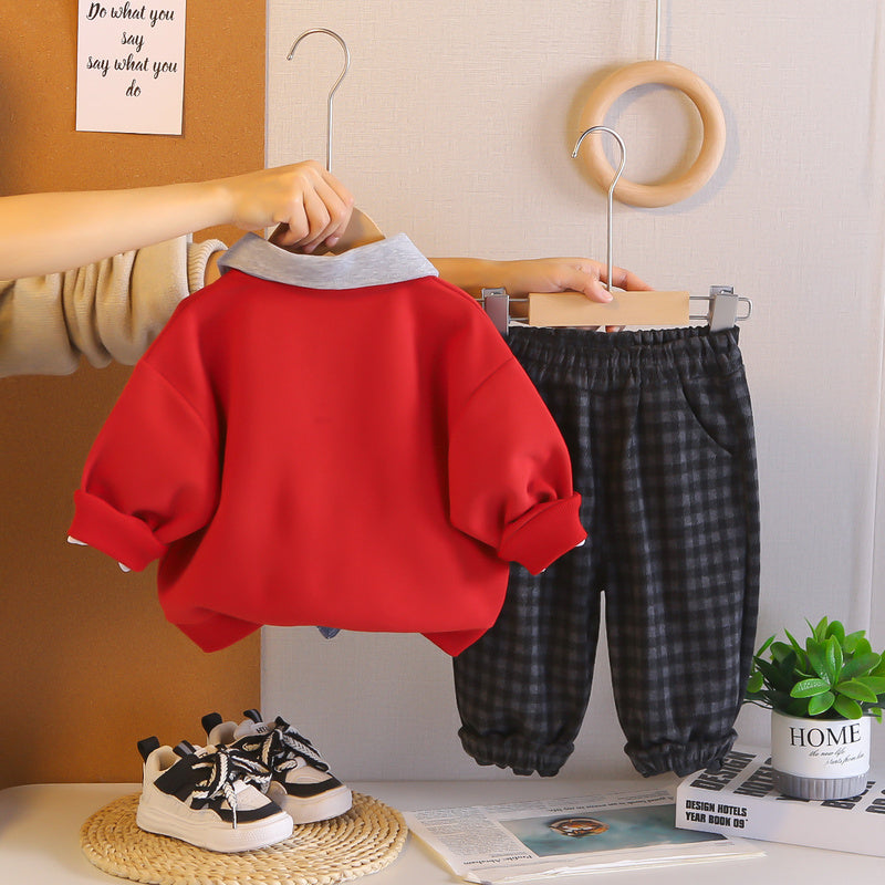 2026 New Boys' Outfit: Tie, English Collar Sweatshirt, Spring Long-Sleeve Two-Piece Set, Trendy Children's Clothing