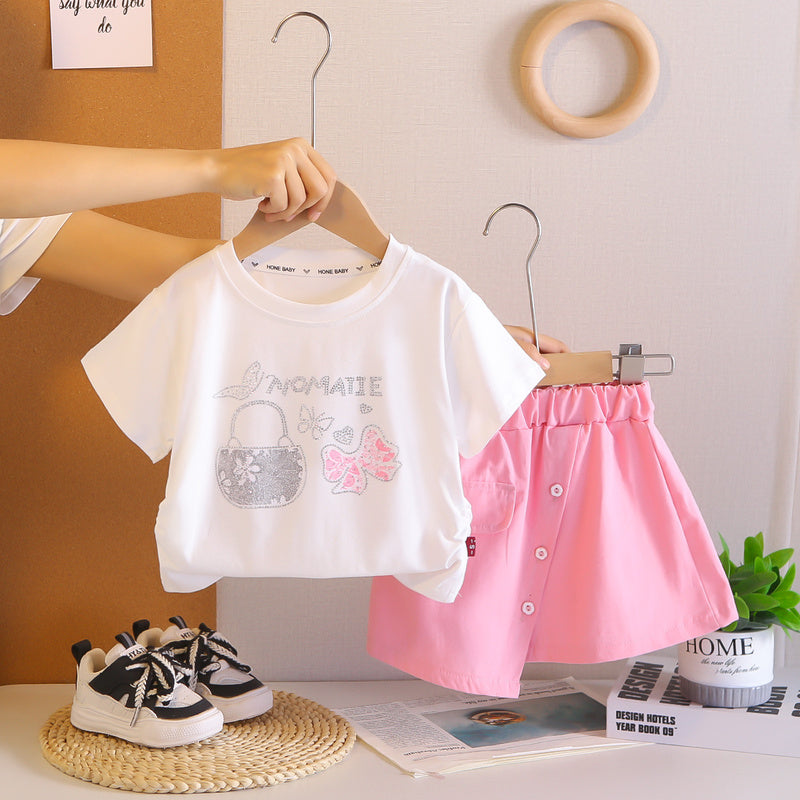 Girls' 2026 New Bow Short-Sleeve Two-Piece Set, Baby Girl's Casual Sports Outfit, Stylish Summer Style