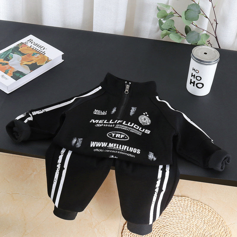 Boys' Outfit, Stylish New 2026 Baby Half-Zip Sweatshirt Two-Piece Set, Cool Long-Sleeve Spring and Autumn Clothing
