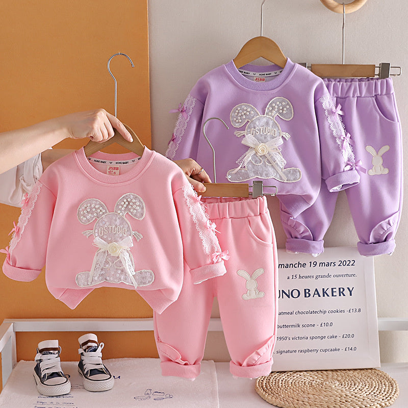 Girls' Outfit Set, Stylish Fashionable, for 0-3 Year Old Baby Girls, Spring and Autumn Beaded Rabbit Clothes, Infant Children's Clothing