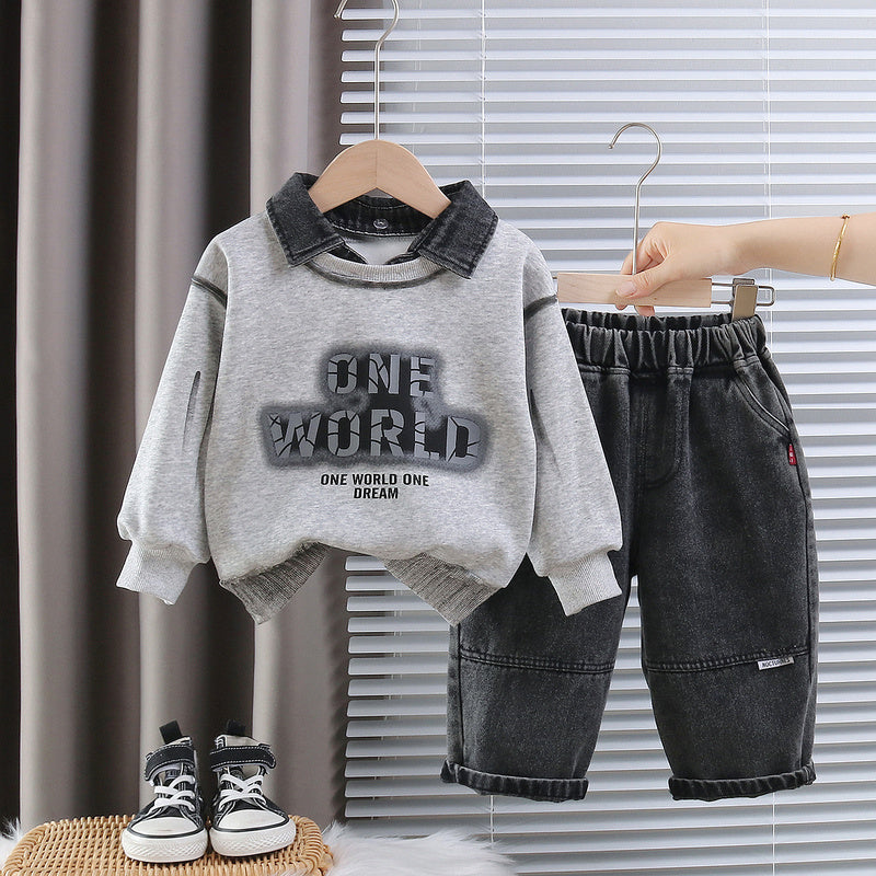 Children's Outfit 2026 New Style Boys' Stylish Detachable Denim Collar Letter Two-Piece Set Baby Spring and Autumn Clothing