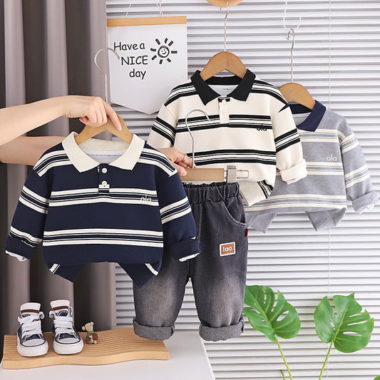 Boy's Trendy Stylish Striped Polo Suit 2026 New Model for 1-Year-Old Babies 3-Year-Olds, Boys' Spring and Autumn Clothing