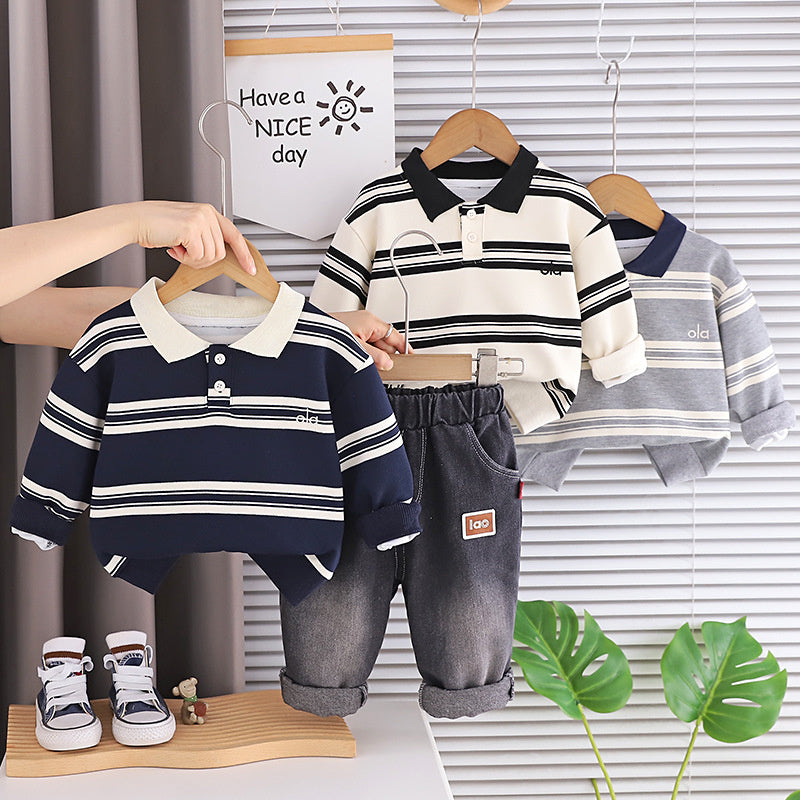 Boy's Trendy Stylish Striped Polo Suit 2026 New Model for 1-Year-Old Babies 3-Year-Olds, Boys' Spring and Autumn Clothing