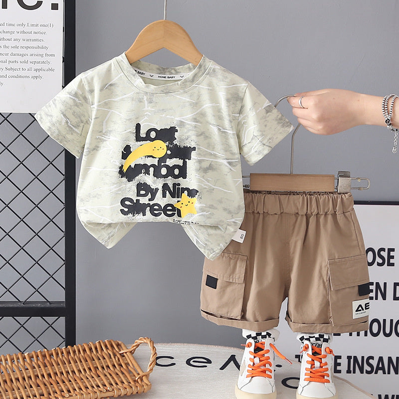 Boys' Letter Embroidered Short Sleeve Summer 2026 New Baby Round Neck Clothes Infant Children's Two-Piece Set