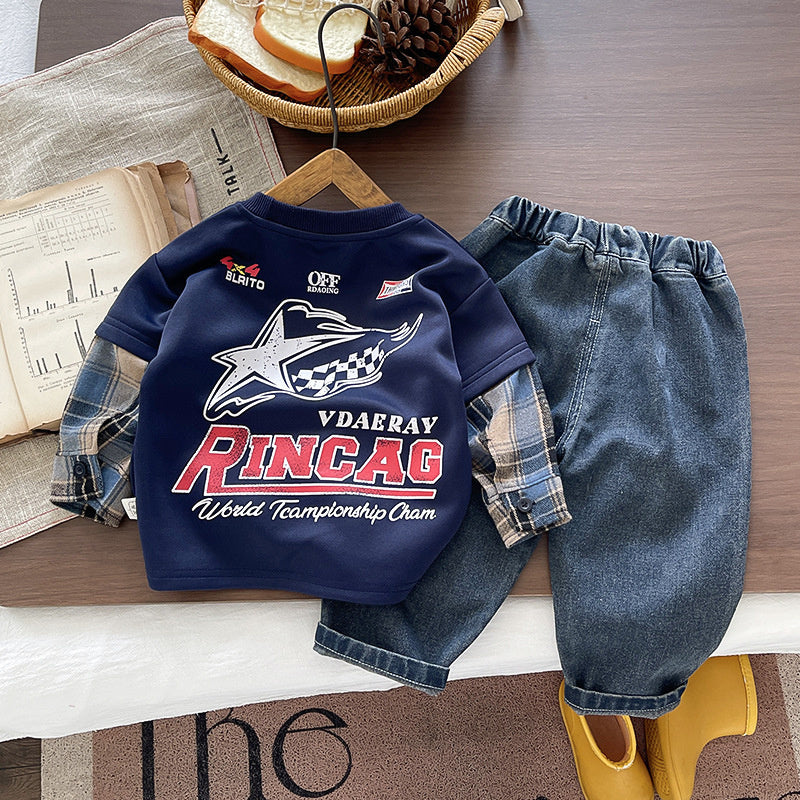 Boys' Outfit Baby 2026 New Fashionable Infant Children's Spring and Autumn Stylish Round Neck Spliced Sleeve Two-Piece Set