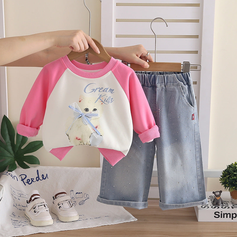 Girls' 2026 New Fashionable Spring and Autumn Outfit for Baby Girls, Trendy Children's Cake Bear Two-Piece Set