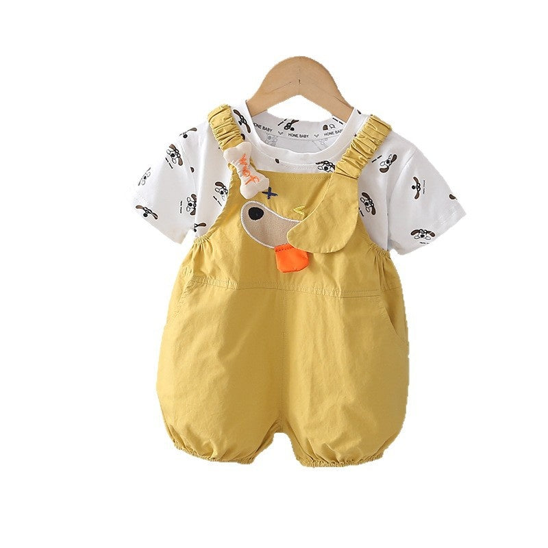 Girls' Outfit 2026 New Cute Baby Summer Clothes Stylish Puppy Overalls Short Sleeve Two-Piece Set