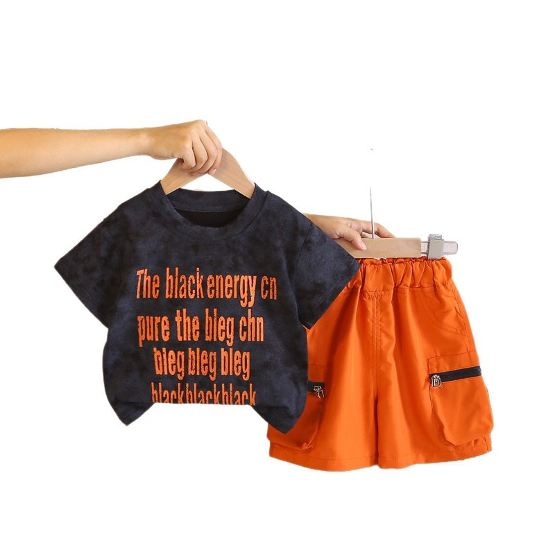Children's 2026 New Summer Style Boys, English Pocket Pants Short-Sleeve Two-Piece Set for Toddlers and Young Children