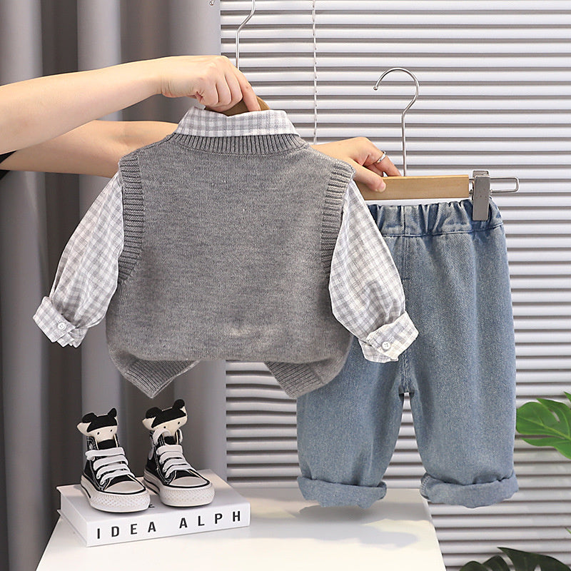 Children's and Autumn Outfit 2026 New Model Boys' Puppy Vest Clothes Baby Casual Spring Three-Piece Set