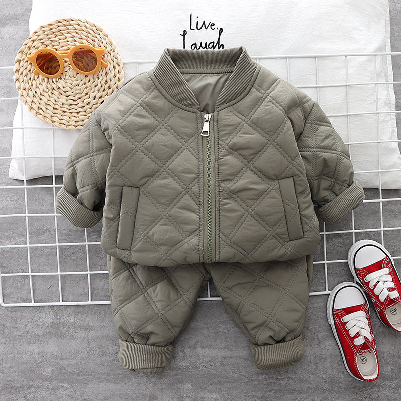 Boys' Fleece-Lined Thickened 2022 Style Children's Baby Plaid Zipper Cotton Jacket Two-Piece Set for Autumn and Winter