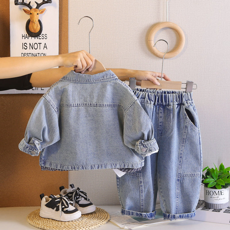 Boys' Autumn Plaid Color-Block Denim Three-Piece Set Infants and Toddlers 1-4 Years Old, Stylish Spring Outfit for Babies