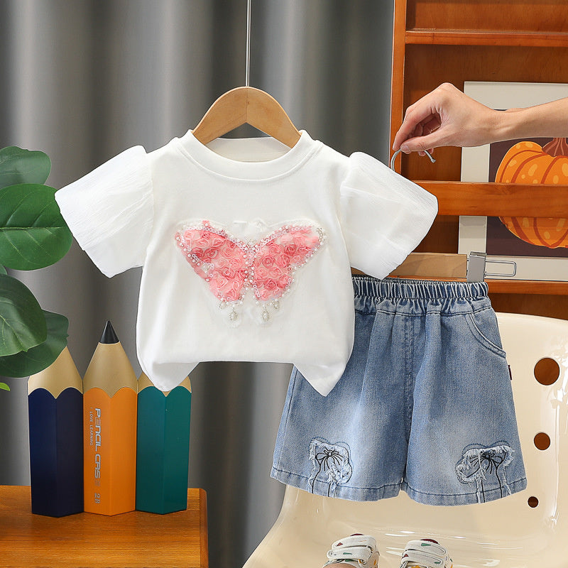 Little girl's summer butterfly short-sleeve outfit, stylish 2026 new baby clothes, fashionable and cute two-piece set for babies