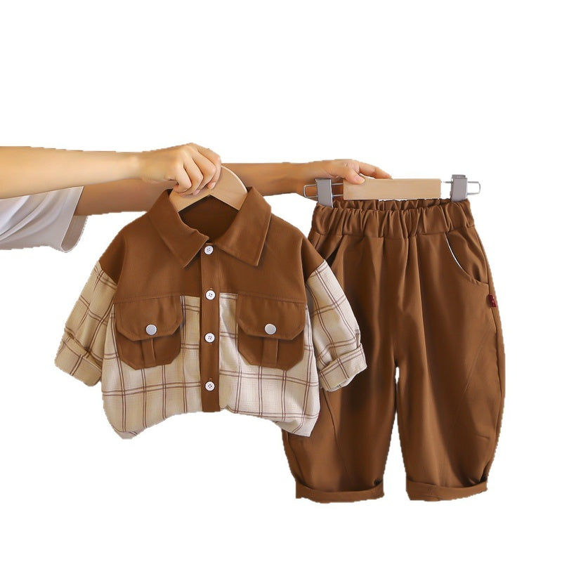 Boys' Outfit 2026 New Style Baby Spring-Autumn Workwear Color-Block Shirt Two-Piece Set Children's Trendy Autumn Clothes