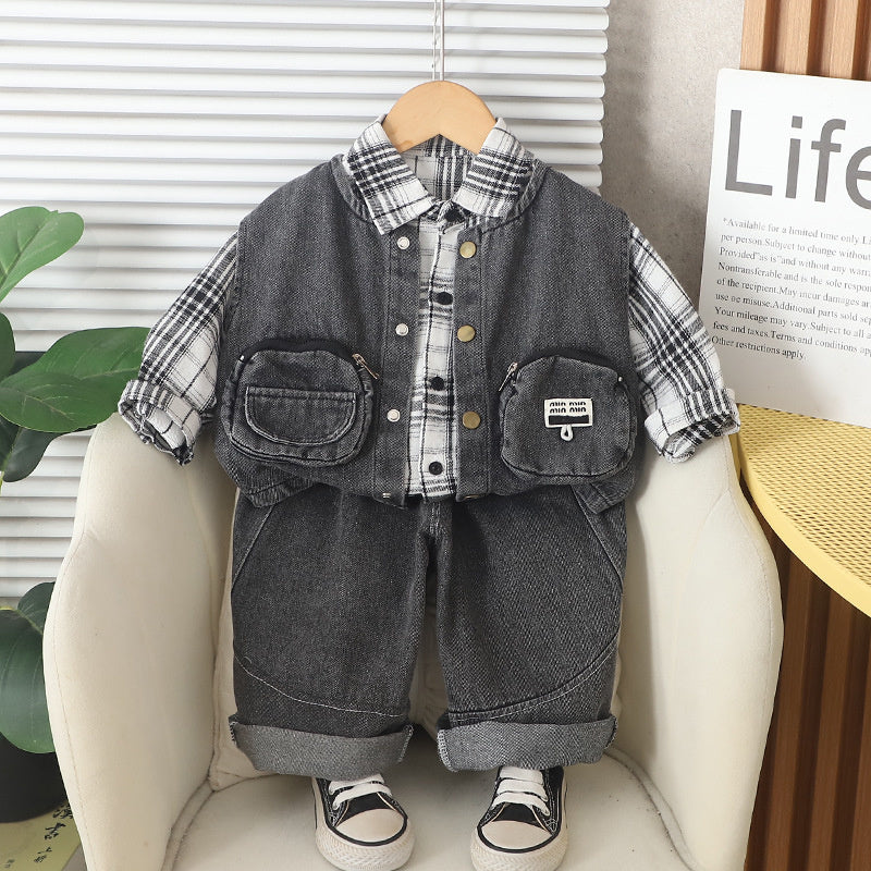 Boys' Outfit 2026 New Style Set: Stylish Plaid Double-Pocket Vest Three-Piece Set Spring and Autumn, Trendy for 1-Year-Olds