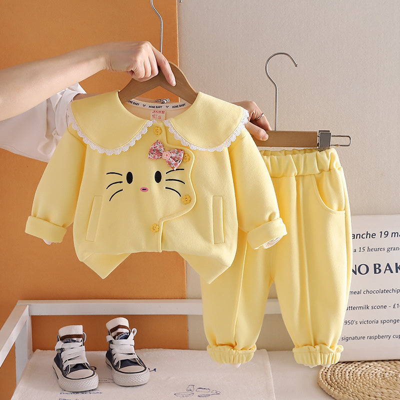 Girls' Spring and Outfit 2026 New Fashionable Baby Cat Two-Piece Set Children's Infant Autumn Casual Clothes