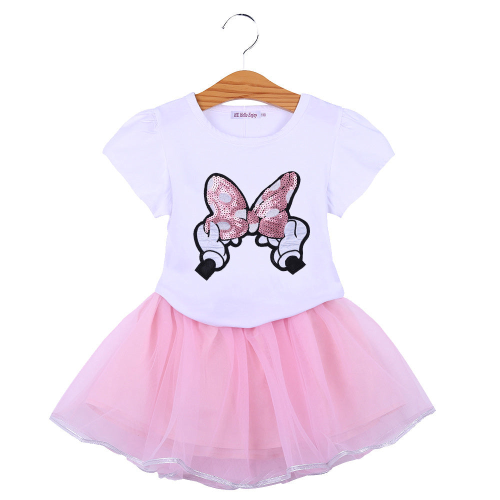 2023 New Fashion Casual Children's Clothing Korean Style Girls' Summer Outfit Cartoon Short Sleeve T-shirt + Mesh Skirt Two-piece Set