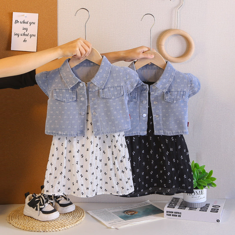 Girls' outfit 2026 new stylish children's short-sleeve bow denim two-piece set baby clothes for summer