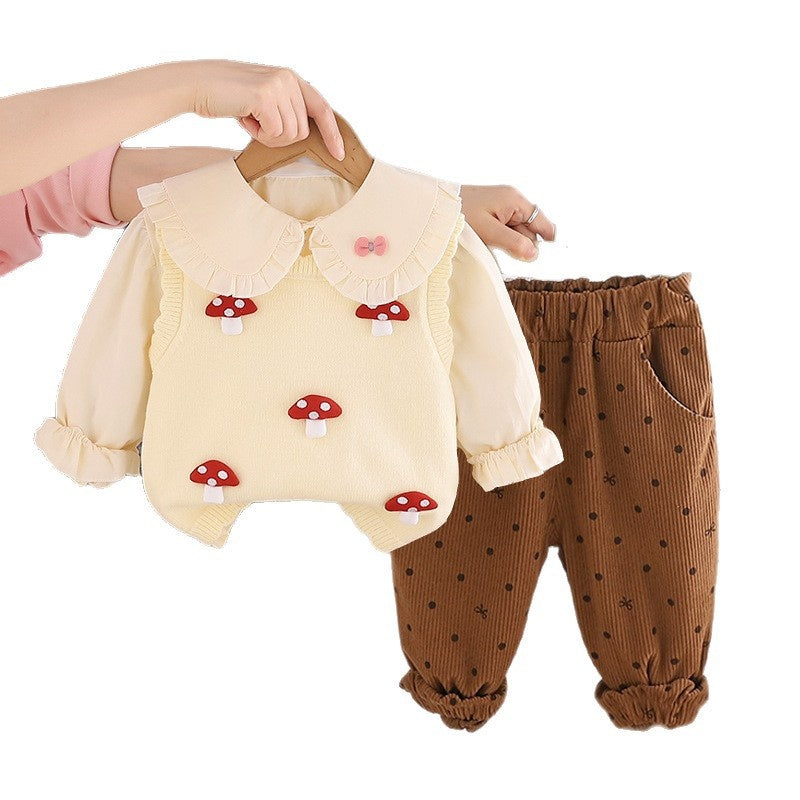 Girls' Outfit 2026 New Fashionable Little Mushroom Sweater Three-Piece Set Baby Spring Trendy Casual Clothes