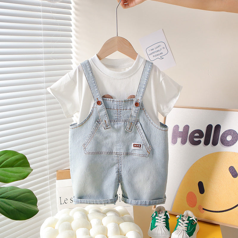 Boys' Outfit 2026 New Trendy Children's Bear Denim Overalls Short Sleeve Baby Korean Style Summer Clothes