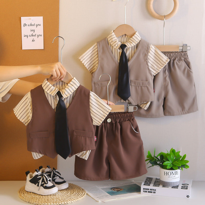 Boys' clothing, children's short-sleeve suit, new style baby boy summer vest suit three-piece set, stylish and trendy for ages 1-4