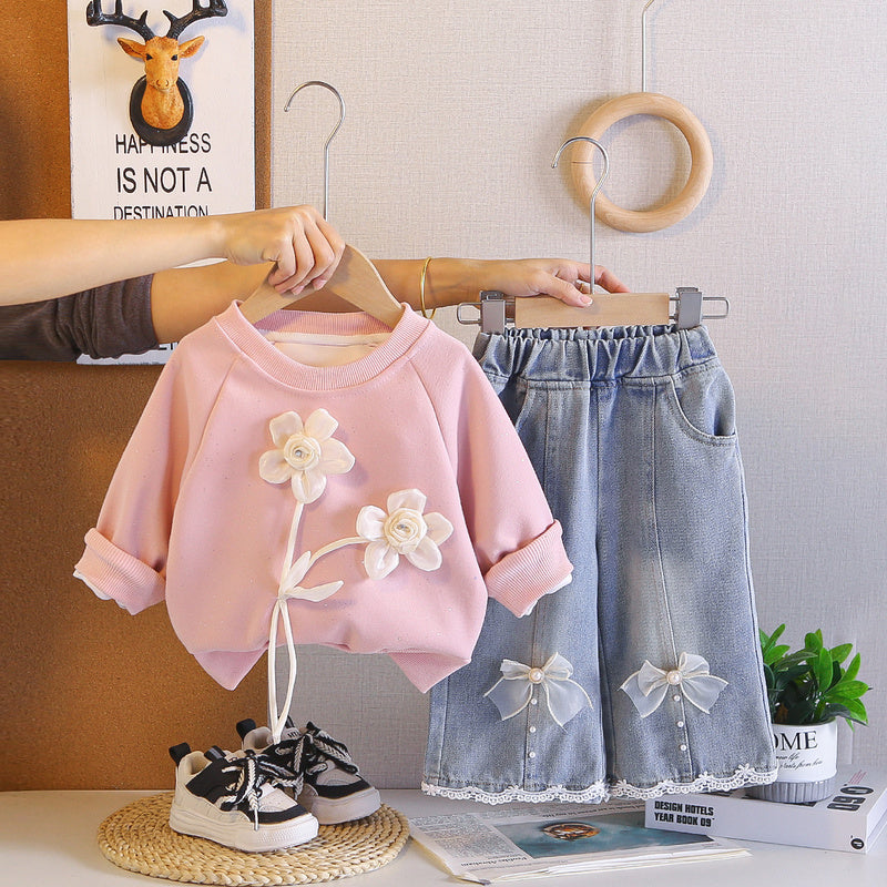 Baby Spring Outfit Stylish 2026 New Fashionable Girls' Children's Two-Flower Sweatshirt Trendy Toddler Spring-Autumn Clothing