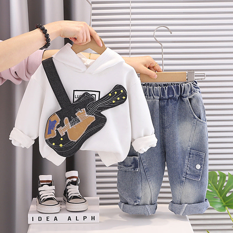 Boys' Spring and Autumn 2026 New Stylish 3 Children's Long Sleeve Patch Guitar Two-Piece Set Baby Clothes for 1-Year-Old Boys