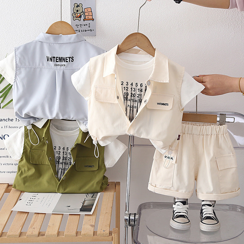 Children's Outfit for Boys 2026 New Cool and Stylish Baby Casual Letter Print Short Sleeve Three-Piece Summer Clothes