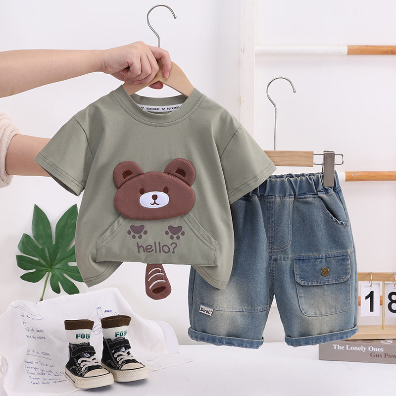 Boys' Short-Sleeve 2026 Trendy New Outfit with Bear Head Pocket Baby Clothes Children's Summer Two-Piece Set