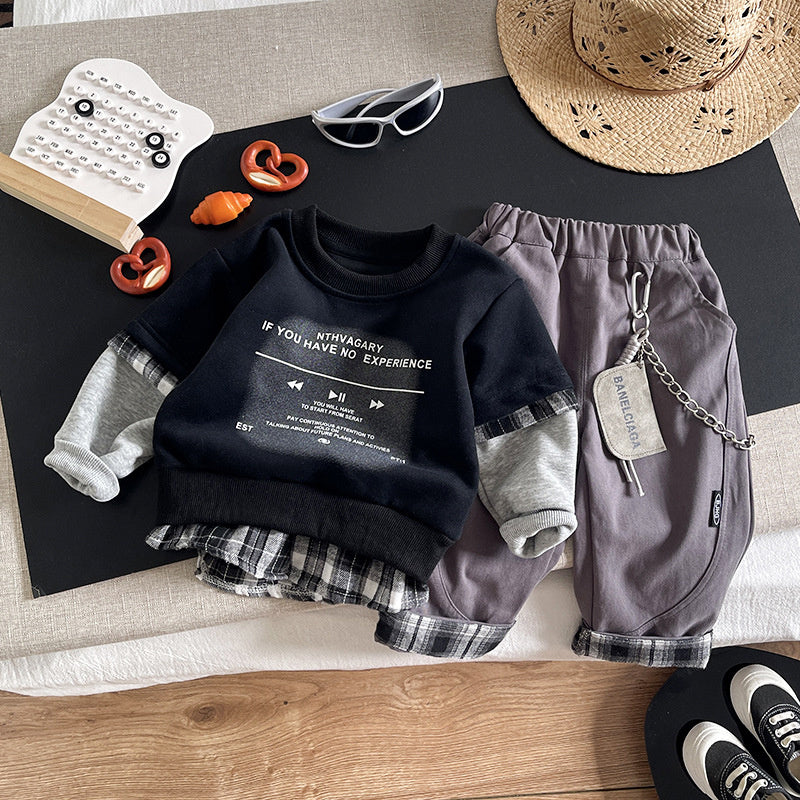 Boys' outfit, sporty fashionable, stylish spring autumn two-piece set with printed sweatshirt for toddlers and children