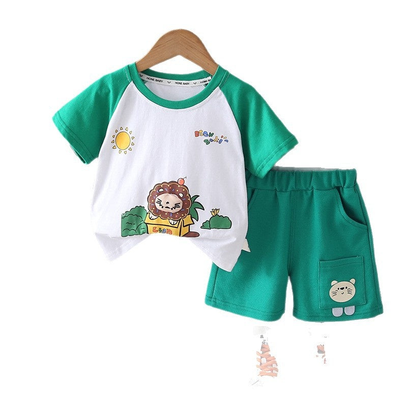 Boys' Round Neck Short Sleeve 2026 New Children's Summer Outfit Baby Cartoon Sun Color Block Two-Piece Trendy Set