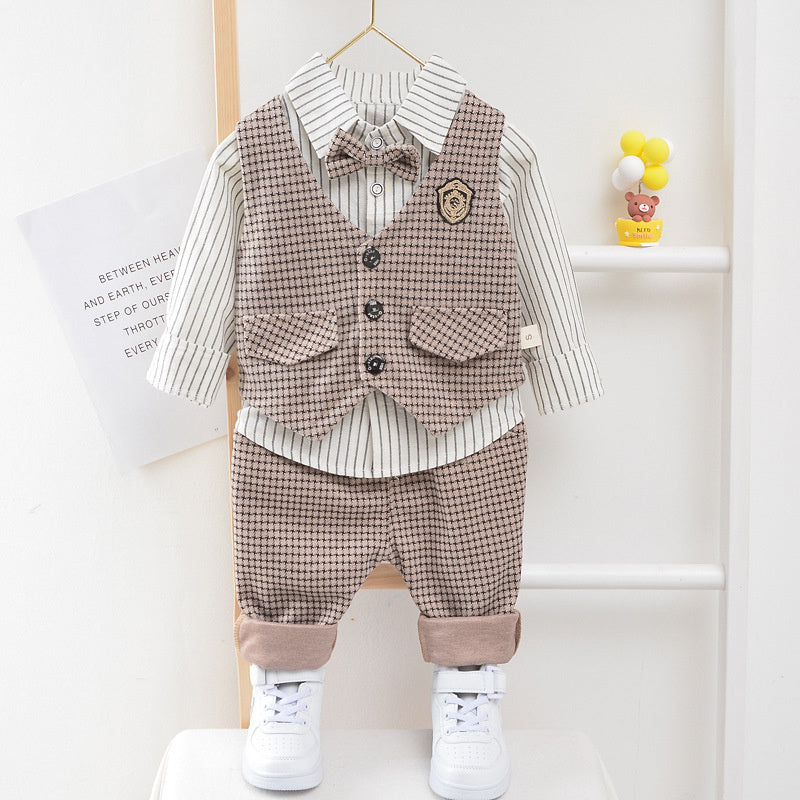 Little Boy's and Autumn Outfit 2020 New Children's Baby Houndstooth Vest Three-Piece Set Spring Style Fashionable