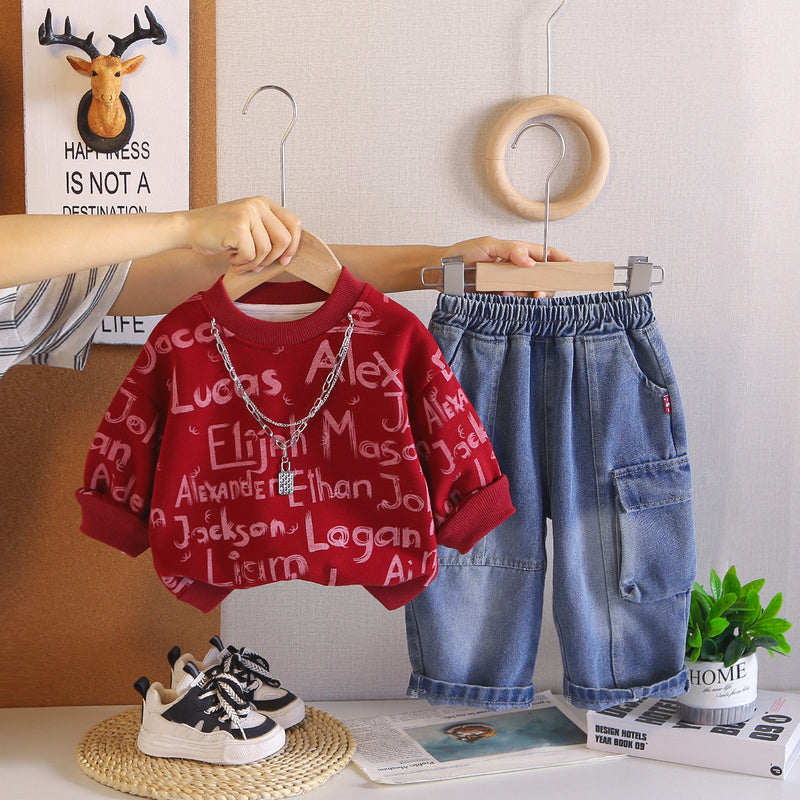 Boys' Outfit 2026 New Fashionable Spring and Clothes Children, Stylish Two-Piece Autumn Sweatshirt Set for Boys