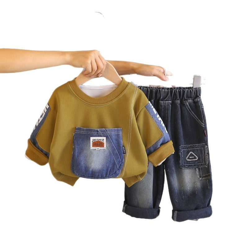 2026 New Spring Autumn Outfit Baby Boys: Denim Big Pocket Sweatshirt Set, Stylish Long-Sleeve Two-Piece Set for Infants and Children