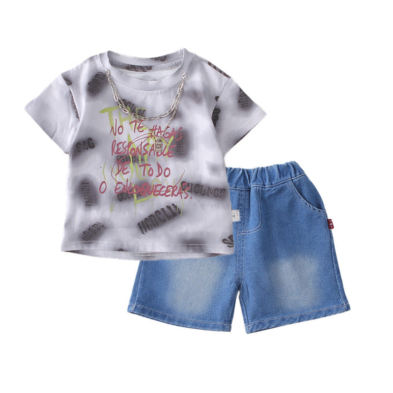 Baby clothes thin children's two-piece set stylish necklace short-sleeve outfit for one-year-old boys summer wear