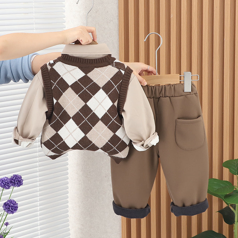 Baby Outfit Fashionable Stylish Fleece-Lined Children's Clothing Boys Winter Tie Pendant Bear Thickened Three-Piece Set Trendy