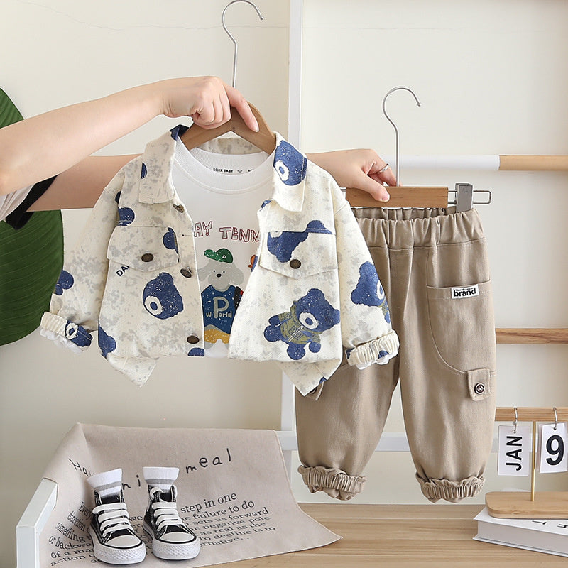 Children's Clothing Boys Spring and 2024 New Full Print Bear Workwear Three-Piece Set Baby Autumn Toddler Clothes Kids