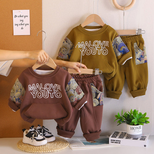 Children's Patchwork Bear Baby Long Sleeve 2026 Spring and Autumn New Boys' Cartoon Sweatshirt Two-Piece Set Trendy