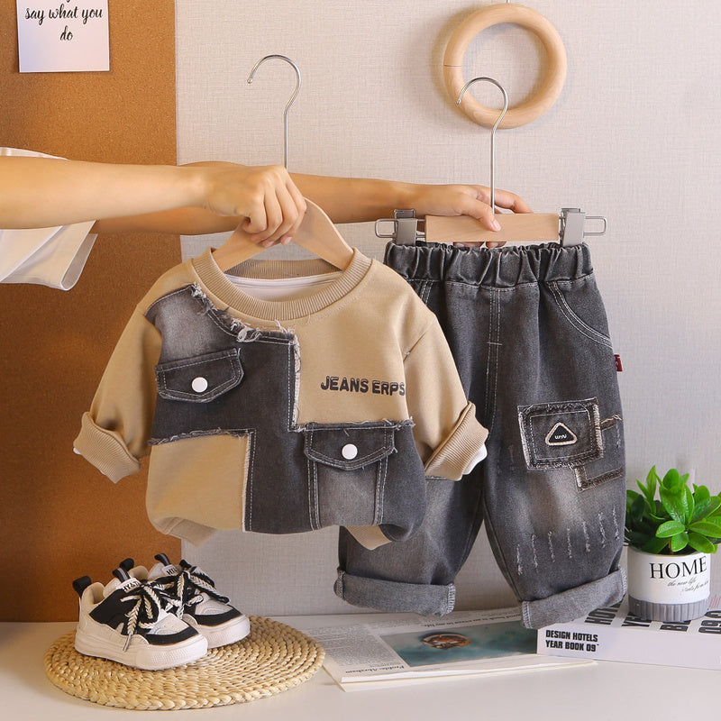Boys' Sweatshirt and Autumn 2026 New Trendy Children's Sports Patchwork Clothes Baby Spring Set